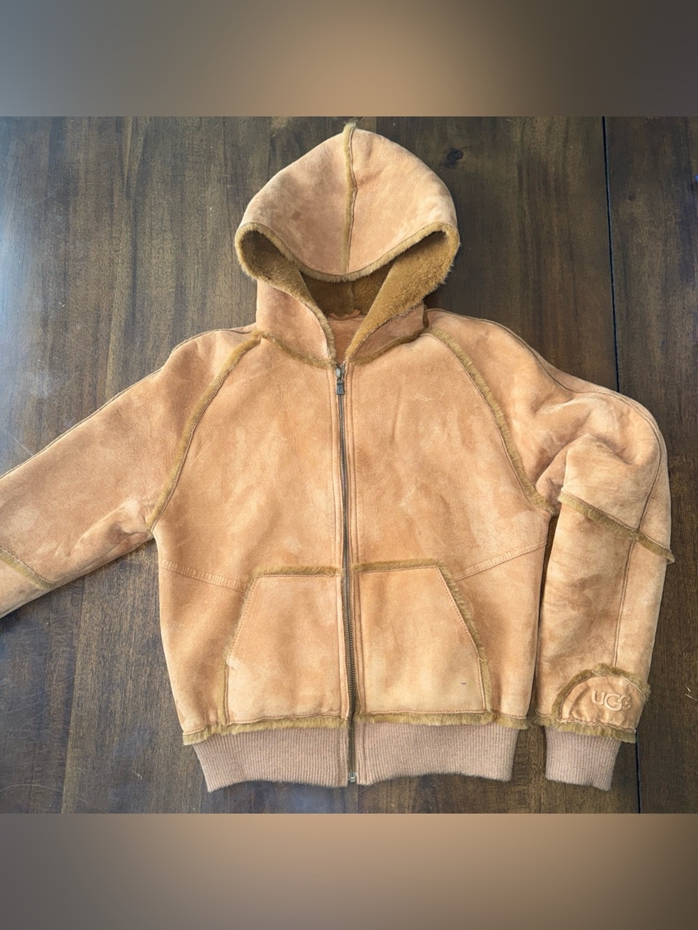 UGG Suede 100% Leather Jacket Womens Chestnut Hood Zip Up Pockets Size XS